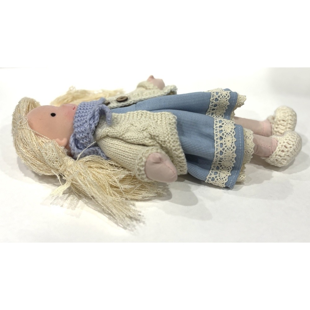 12" Handmade Rag Doll Blonde Pigtails Blue Dress Knit Sweater Plush Toy - Picture 5 of 9
